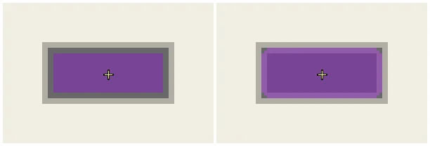 縁がにじんだ四角形を拡大し、はみ出し0では濃い中心だけ、はみ出し2では縁のにじみまで紫色で覆われた比較