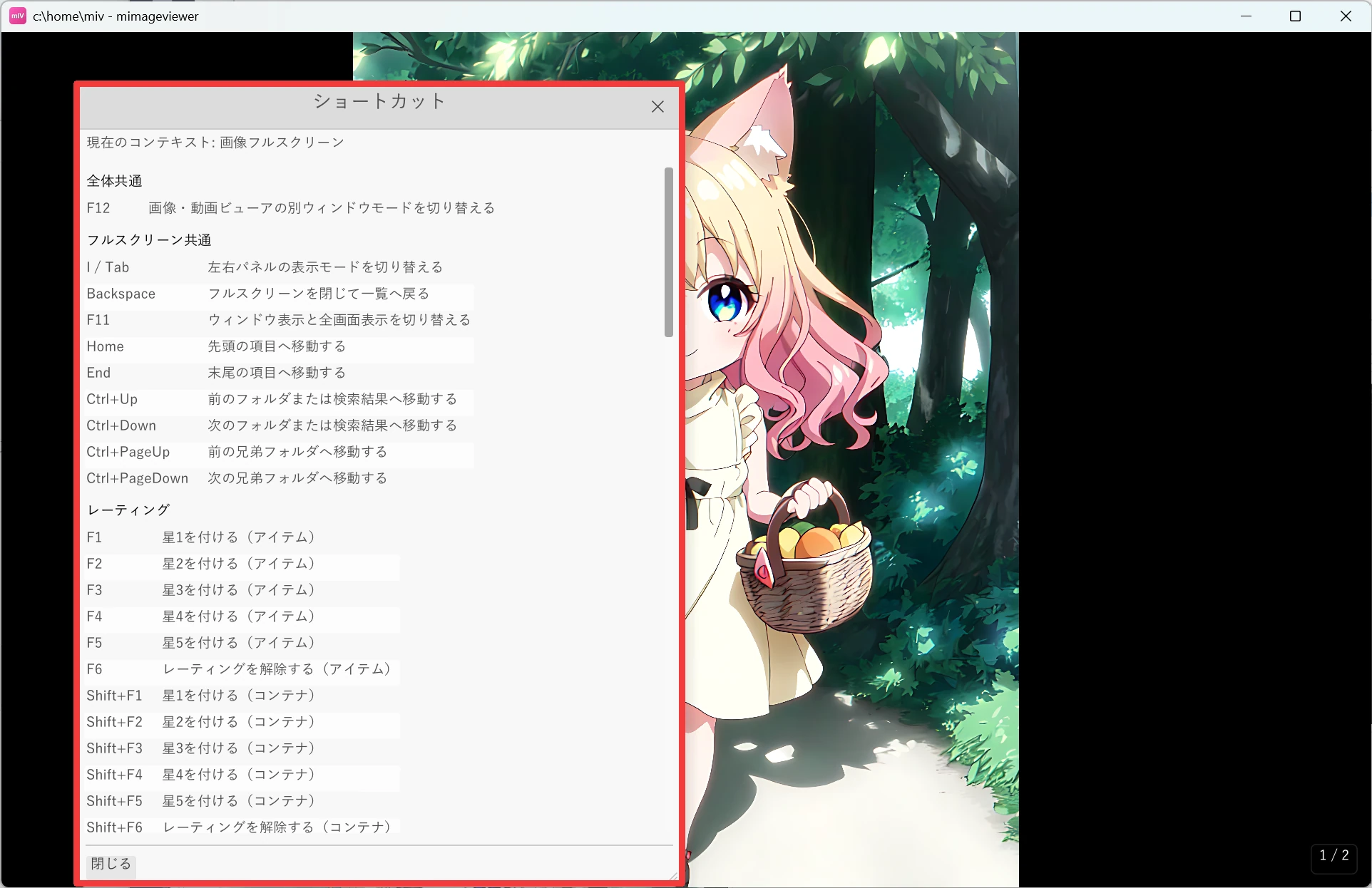 ? キーで表示されたショートカット一覧のポップアップ。現在のコンテキスト『画像フルスクリーン』のキー割り当てが一覧表示されている