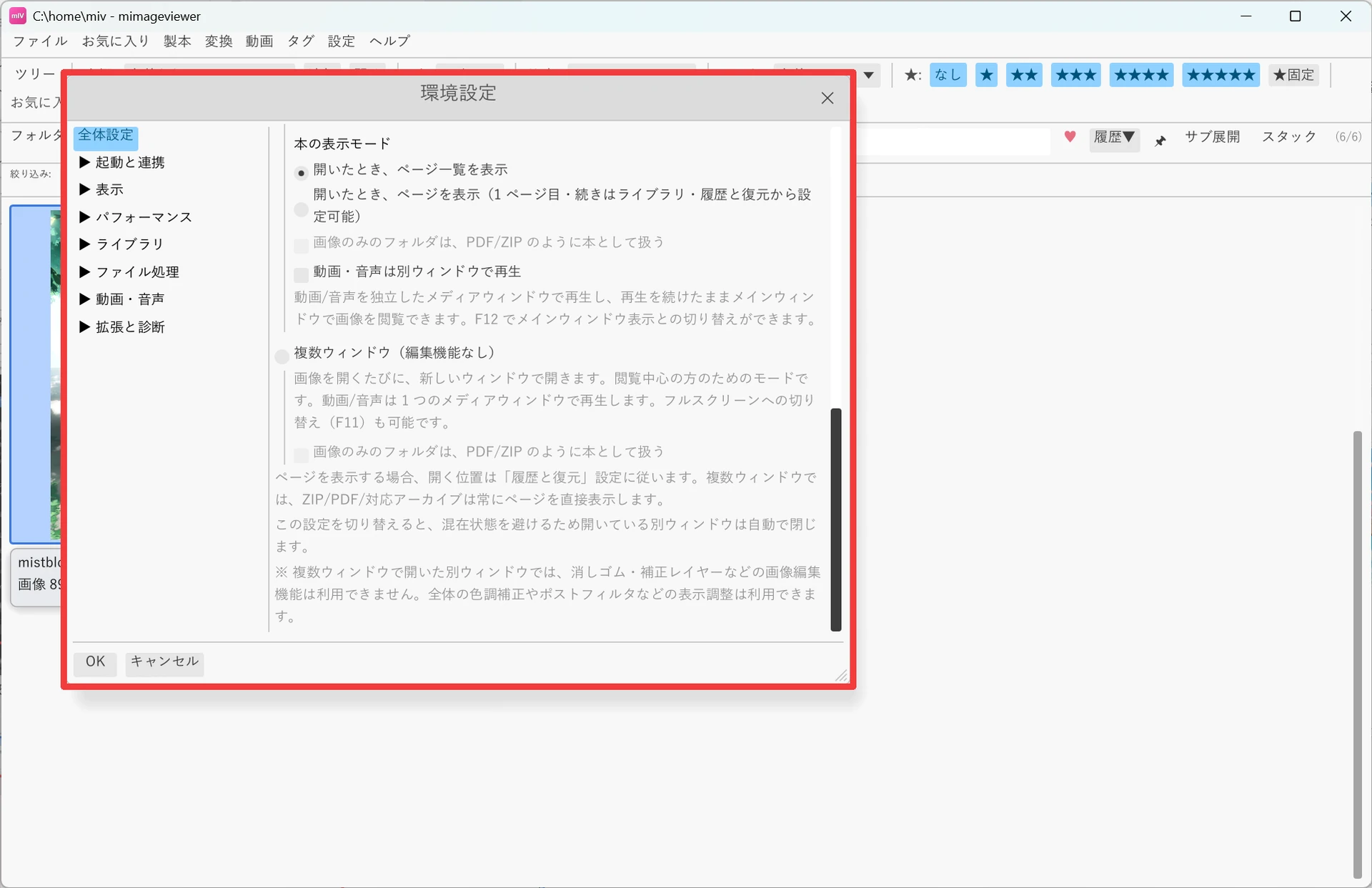 環境設定ダイアログの「全体設定」ページ。本の表示モード（開いたときにページ一覧を表示 / ページを表示）、動画・音声は別ウィンドウで再生、複数ウィンドウ（編集機能なし）などのビューワモード設定が並んでいる